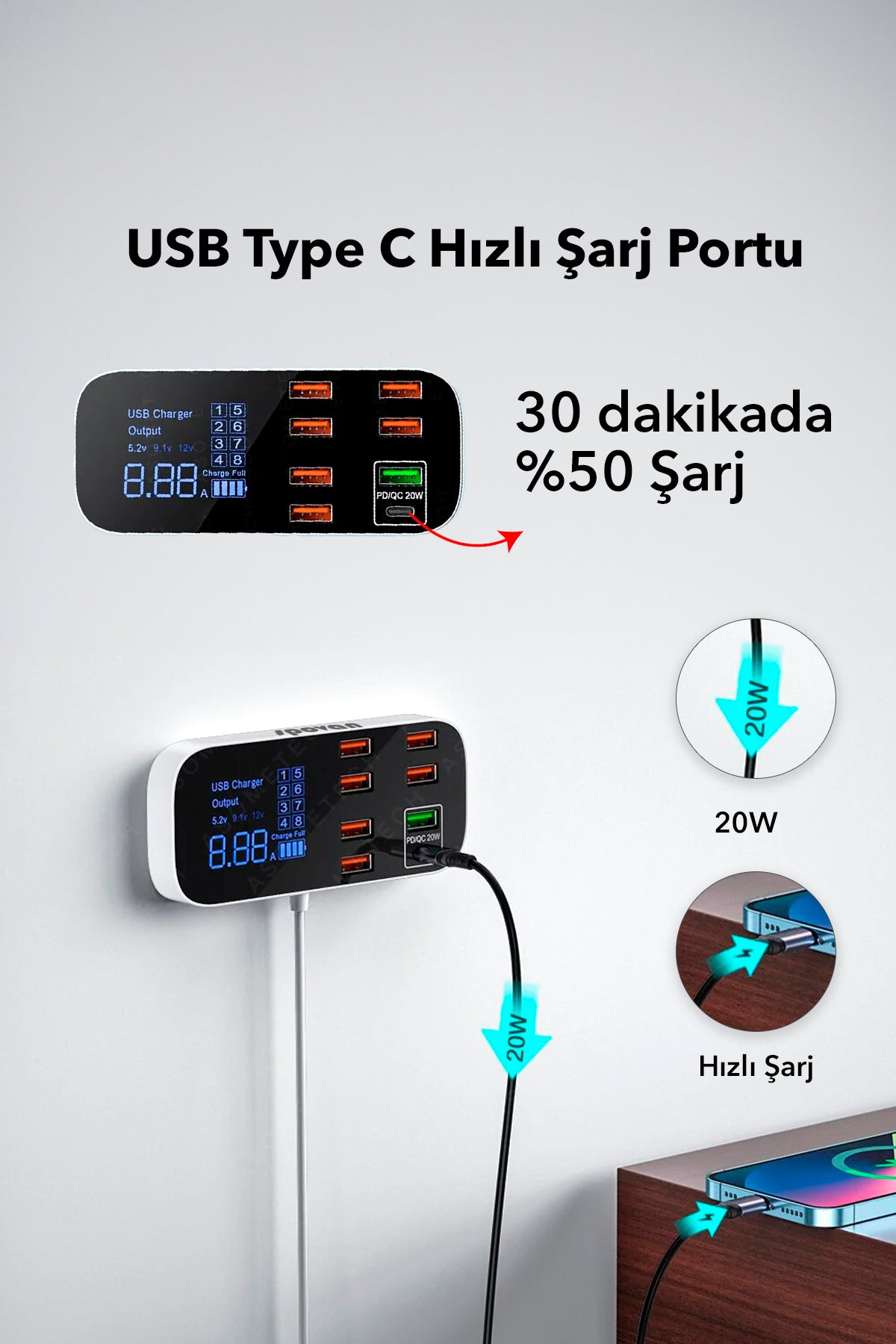 Spovan Impro Led Display 8 Port USB Type C Apple Samsung Compatible Charging Station Device 