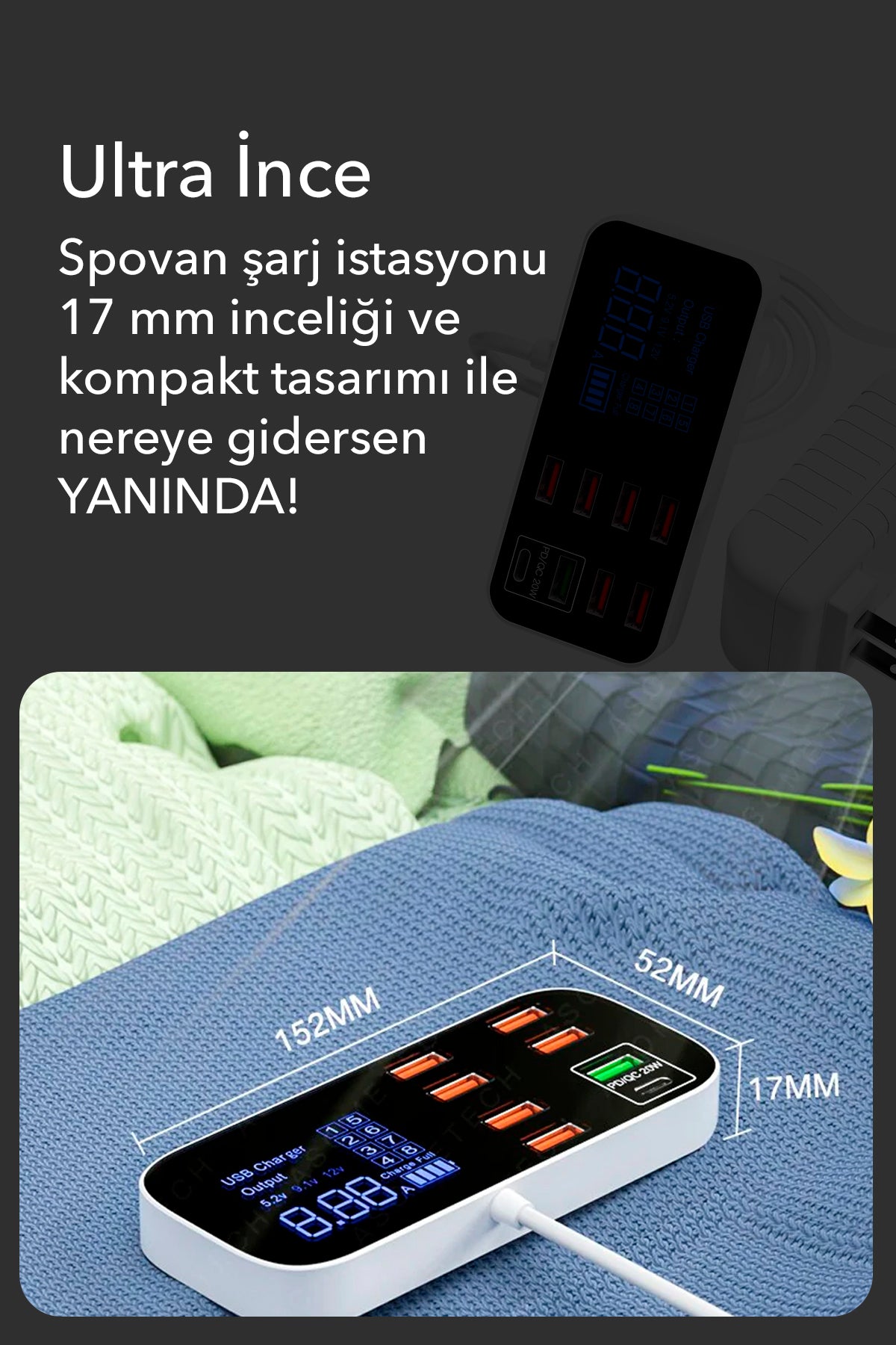 Spovan Impro Led Display 8 Port USB Type C Apple Samsung Compatible Charging Station Device 