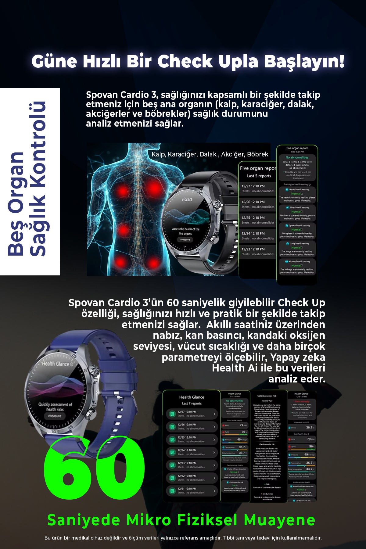 Spovan Cardio 3 EKG Tansiyon Vücut Analiz Kan Şekeri Yapay Zeka Türkçe Akıllı Saat