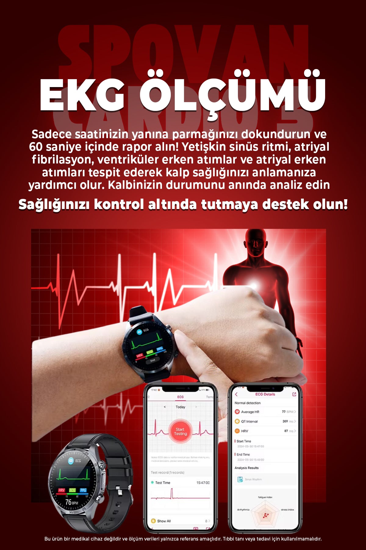 Spovan Cardio 3 EKG Tansiyon Vücut Analiz Kan Şekeri Yapay Zeka Türkçe Akıllı Saat