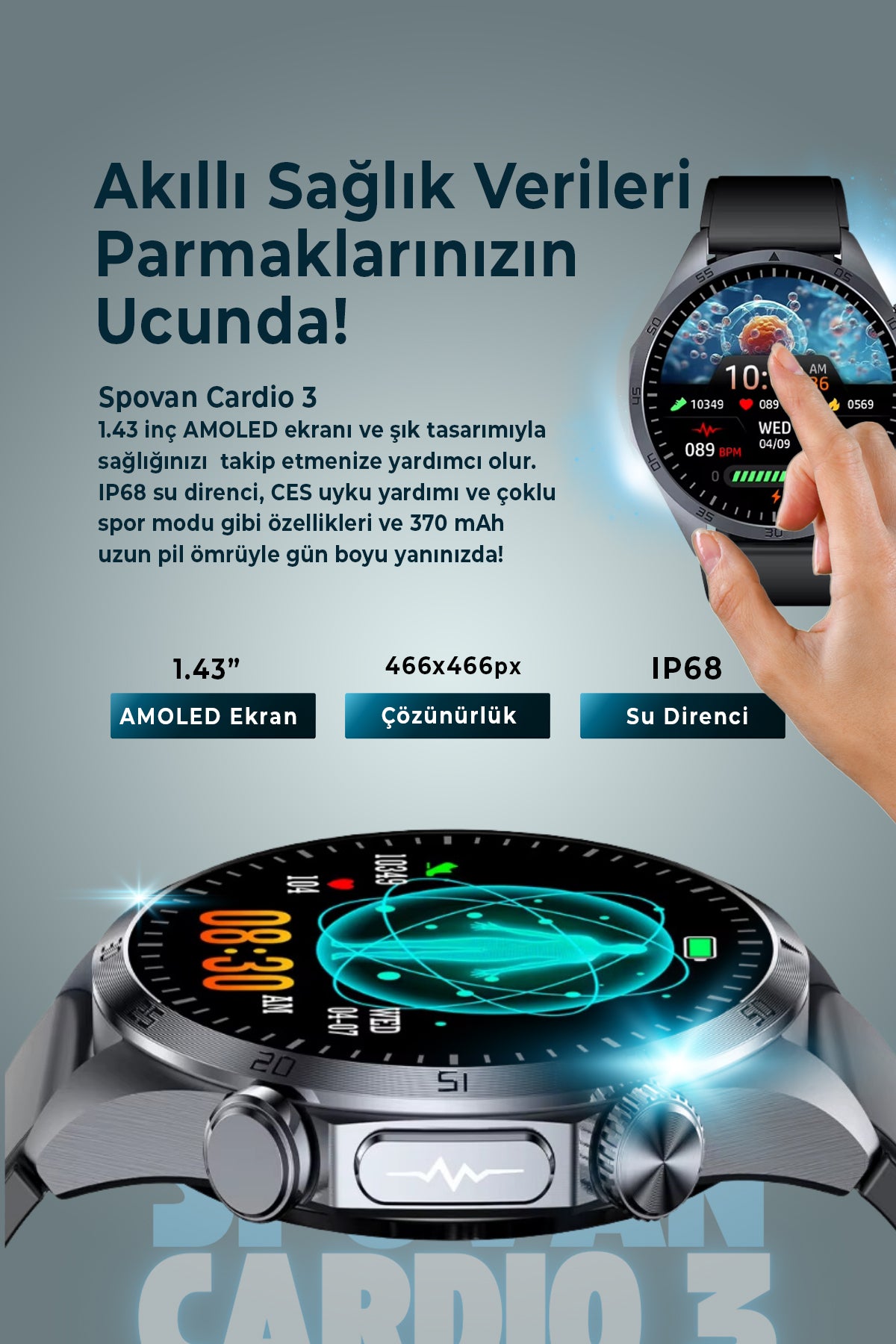 Spovan Cardio 3 EKG Tansiyon Vücut Analiz Kan Şekeri Yapay Zeka Türkçe Akıllı Saat