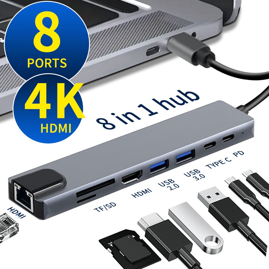 Spovan USB CHub 8in1 4K HDMI adaptörü SD/TF kart okuyucu PD hızlı şarj MacBook