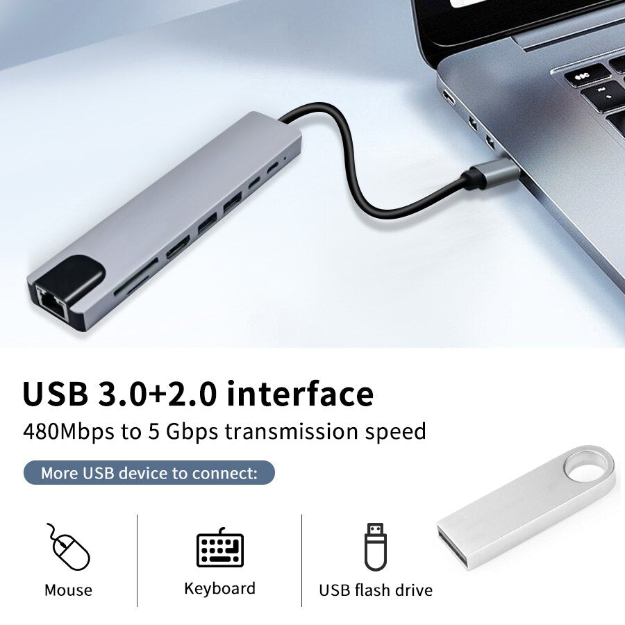 Spovan USB CHub 8in1 4K HDMI Adapter SD/TF Card Reader PD Fast Charging for MacBook