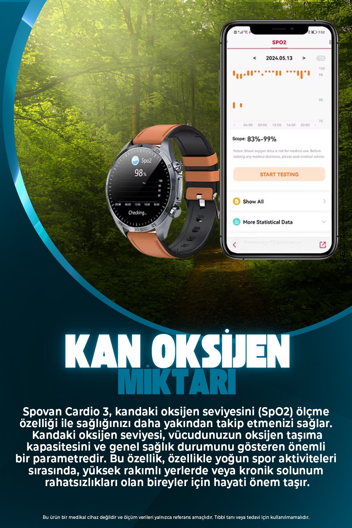 Spovan Cardio 3 EKG Tansiyon Vücut Analiz Kan Şekeri Yapay Zeka Türkçe Akıllı Saat