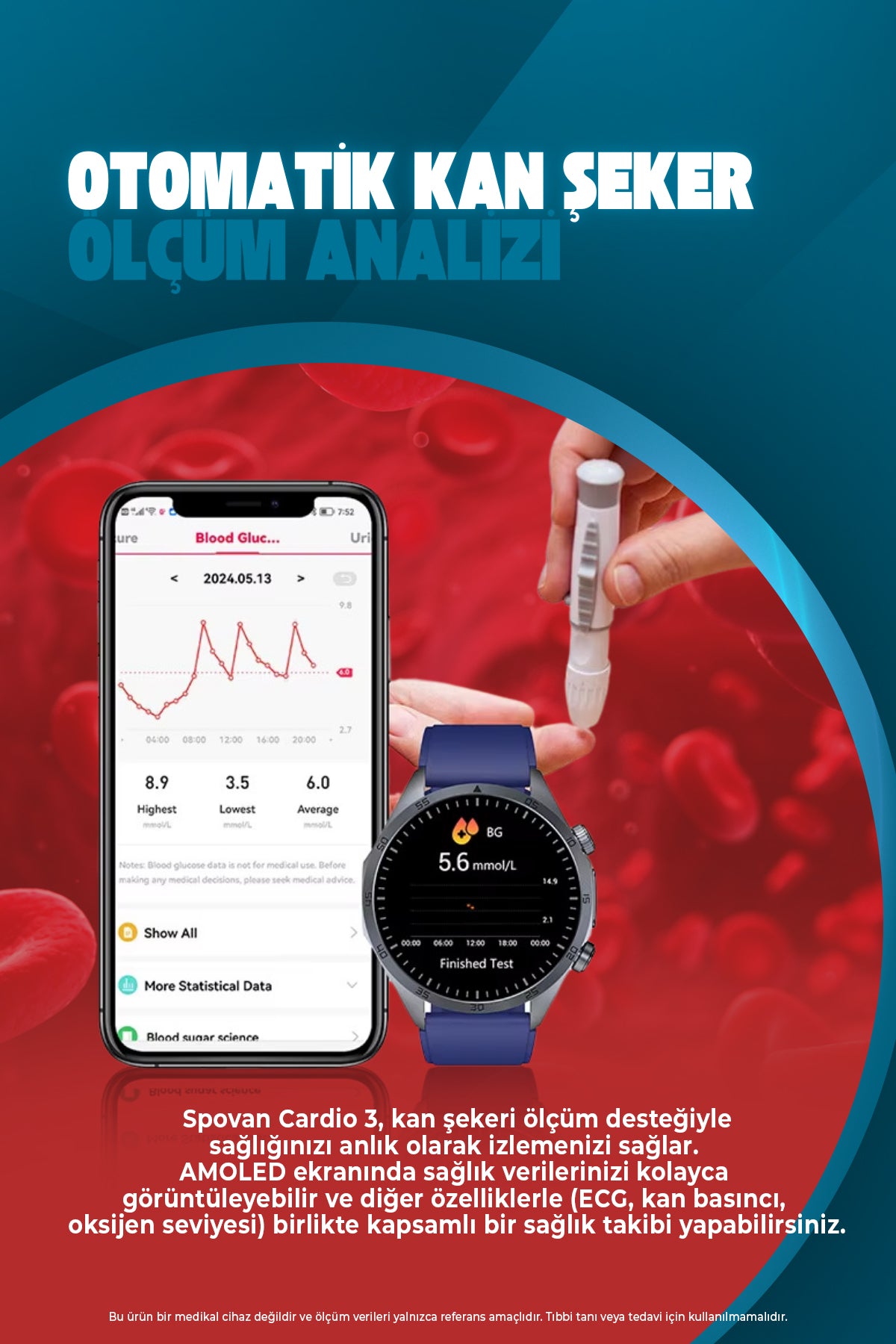 Spovan Cardio 3 EKG Tansiyon Vücut Analiz Kan Şekeri Yapay Zeka Türkçe Akıllı Saat