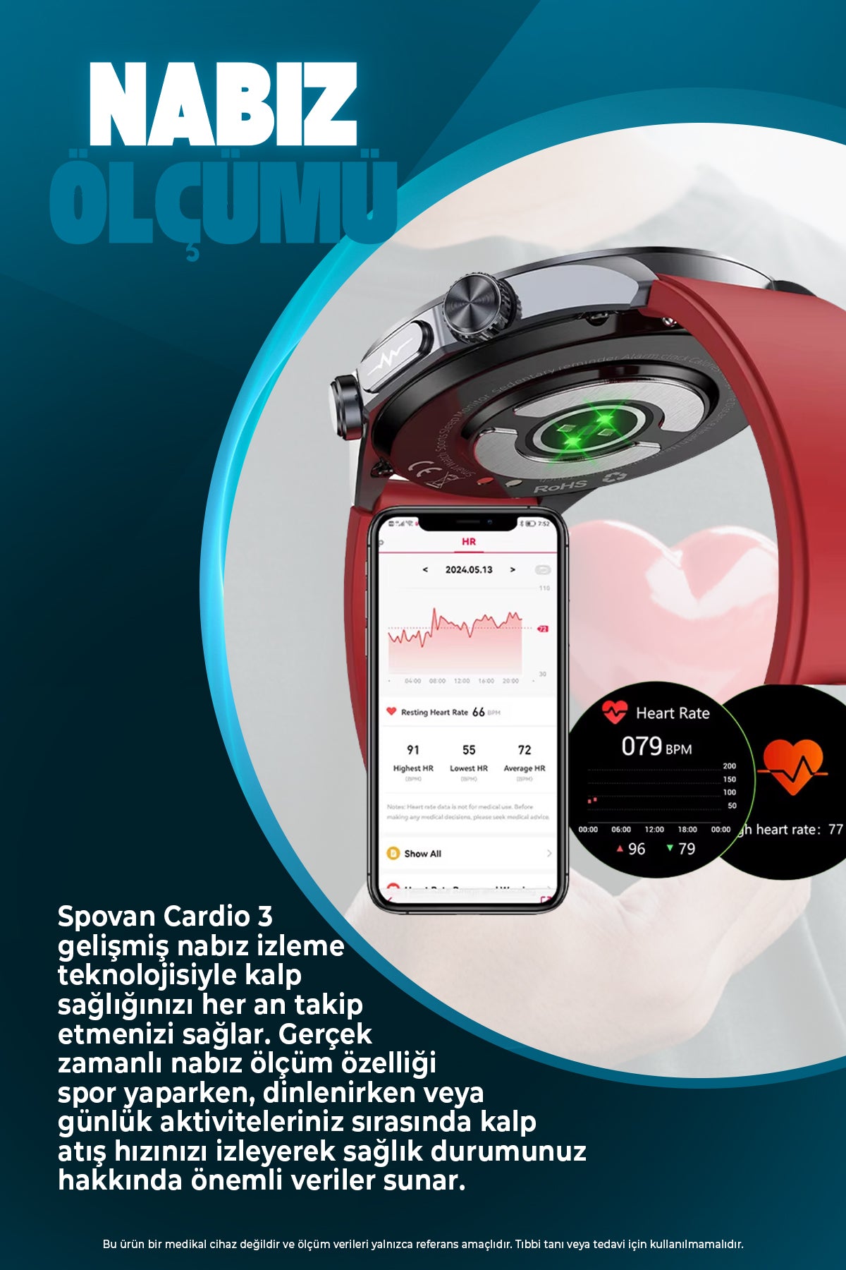 Spovan Cardio 3 EKG Tansiyon Vücut Analiz Kan Şekeri Yapay Zeka Türkçe Akıllı Saat