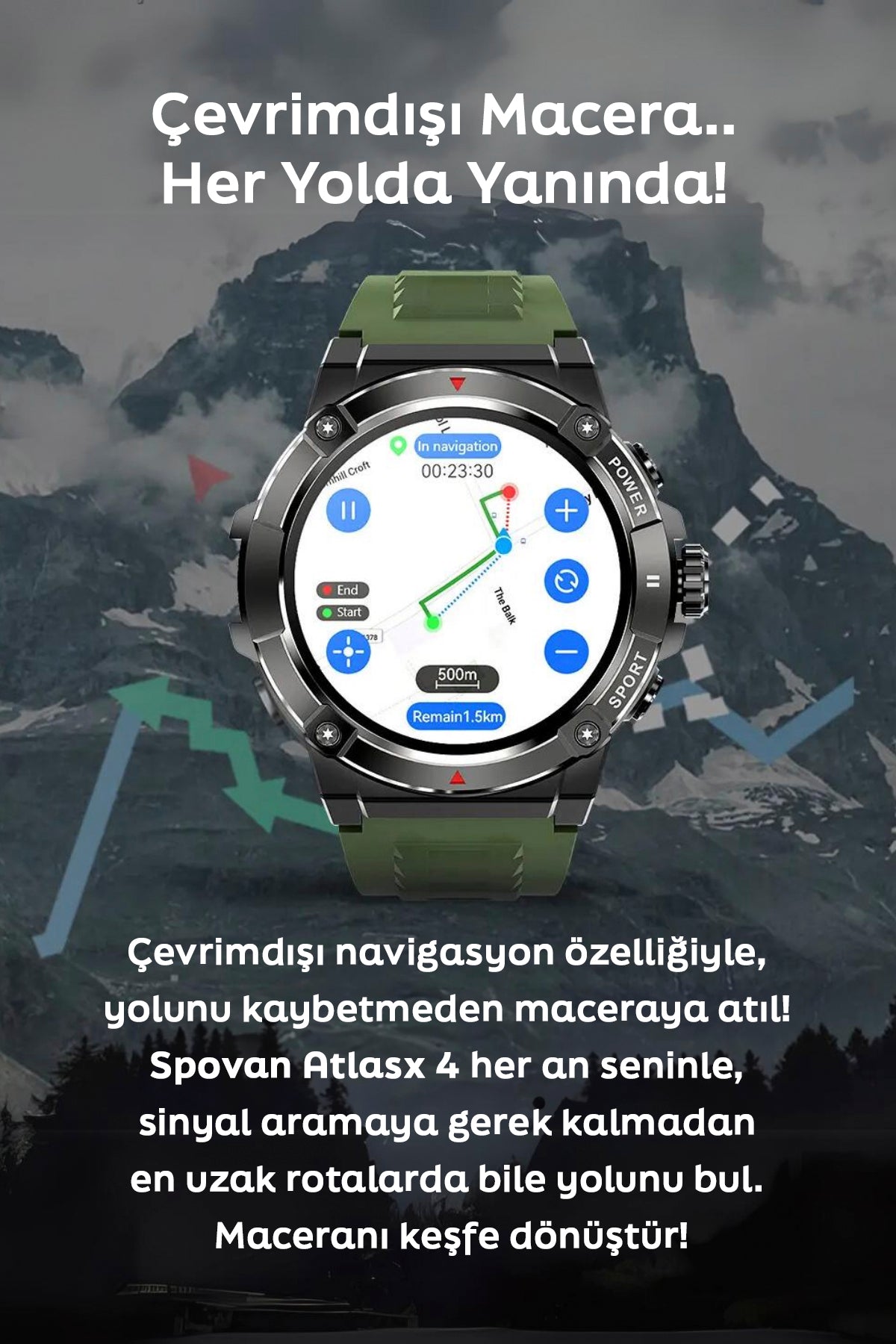 Spovan AtlasX-4 GPS Haritalar Dahili Müzik Sesli Görüşme Akıllı Saat