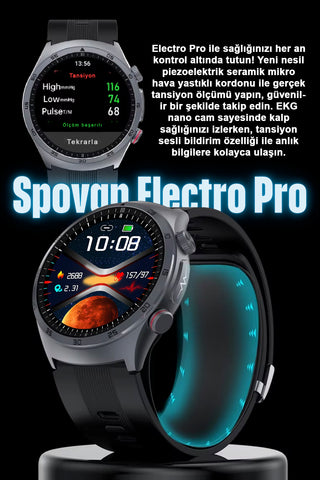 Spovan Electro Pro Hava Basınçlı Tansiyon Şeker NFC Sesli Görüşme EKG Türkçe Akıllı Saat Ön Sipariş