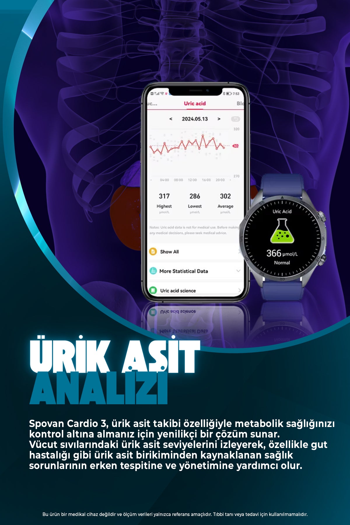 Spovan Cardio 3 EKG Tansiyon Vücut Analiz Kan Şekeri Yapay Zeka Türkçe Akıllı Saat